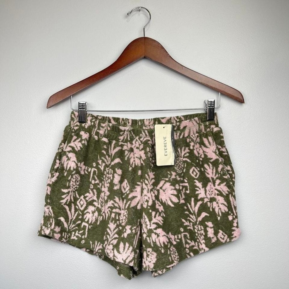 Evereve NWT Terry Cloth Shorts Beachy Boho Floral Summer XS Green Pink Lounge‎